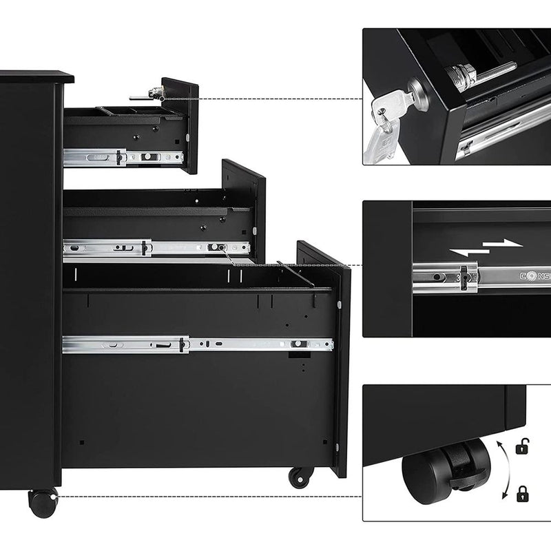 Ladeblok met afsluitbare - Ladeblok bureau op wieltjes- 3 Lades - metaal - 30 x 45 x 60 cm zwart