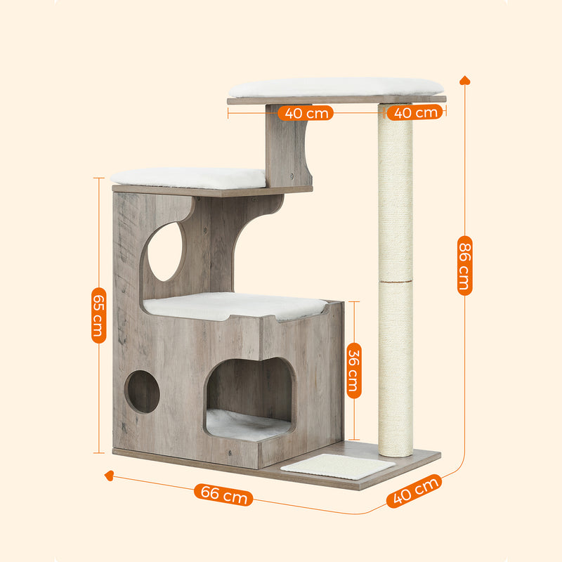 Segenn's Hout krabpaal 86 cm - middelgrote kattenkrabpaal met 3 ligvlakken en holte - krabpaal van MDF met houtfineer - sisalstam - wasbare pluche kussens - greige wit