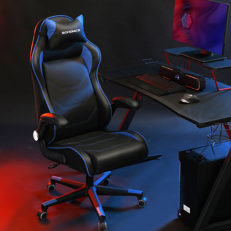 Segenn's Gamestoel - Racestoel - Ergonomische Bureaustoel - Bureaustoel met Hoofdsteun en Verstelbare Armleuningen - In Hoogte Verstelbaar - Stalen Frame - Kunstleer - Zwart-Blauw
