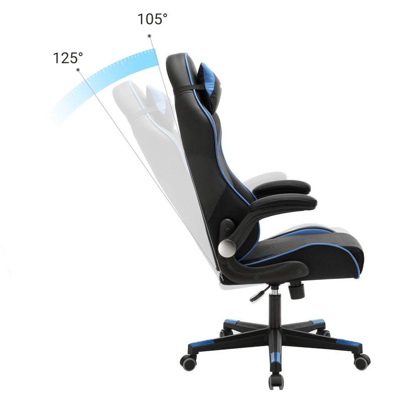 Segenn's Gamestoel - Racestoel - Ergonomische Bureaustoel - Bureaustoel met Hoofdsteun en Verstelbare Armleuningen - In Hoogte Verstelbaar - Stalen Frame - Kunstleer - Zwart-Blauw