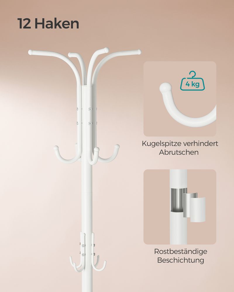 SEGENN Messina Vrijstaande Kapstok met 12 Haken en Paraplubak – Parelwit – Ruimtebesparend & Stijlvol-Kapstok met Parapluhouder en 12 Haken – Parelwit – Stevig en Functioneel