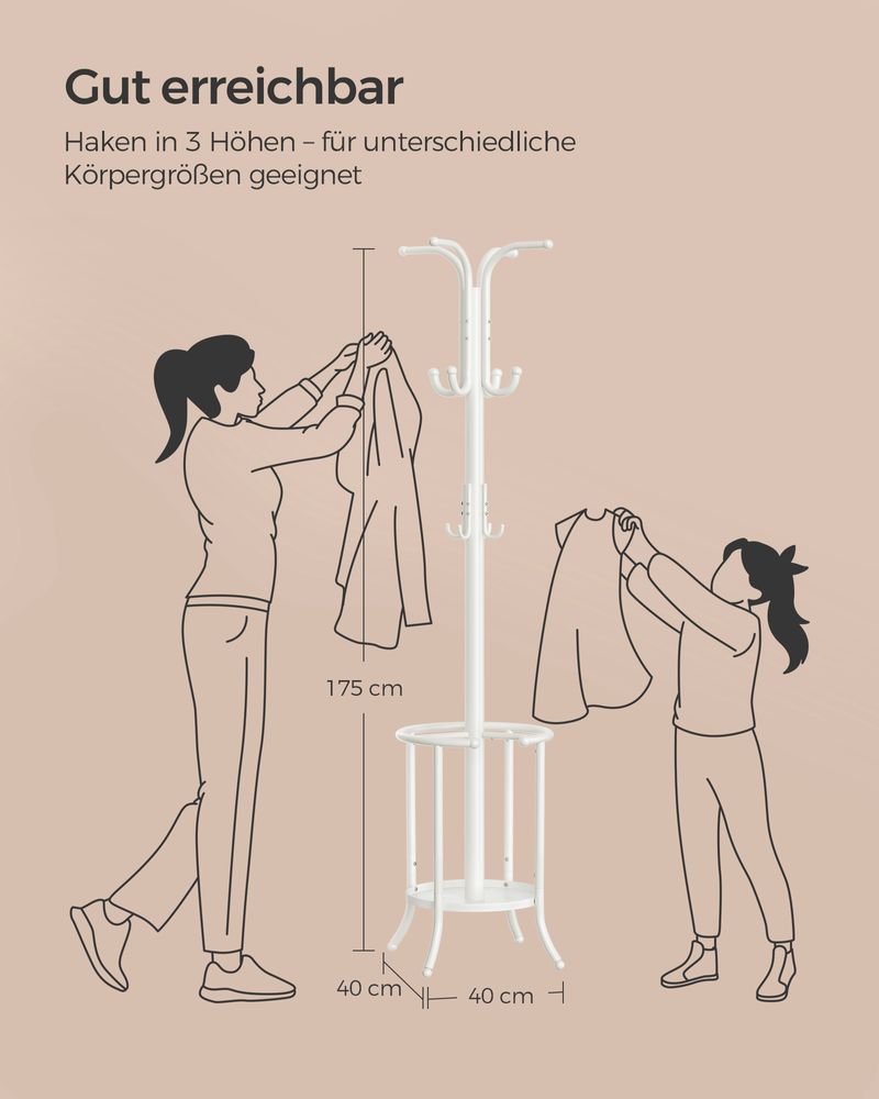 SEGENN Messina Vrijstaande Kapstok met 12 Haken en Paraplubak – Parelwit – Ruimtebesparend & Stijlvol-Kapstok met Parapluhouder en 12 Haken – Parelwit – Stevig en Functioneel