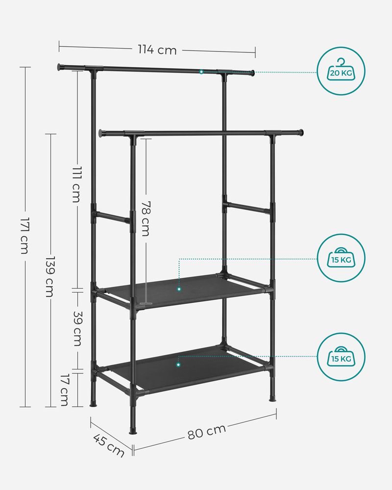 SEGENN Genoa Verplaatsbaar Kledingrek met Wielen – 103,5 cm – Zwart – Stabiel & Ruimtebesparend-Mobiel Kledingrek – Inktzwart – 103,5 cm Breed – Industrieel en Praktisch