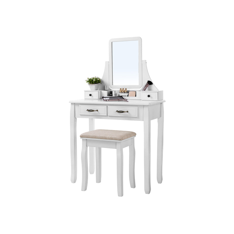 Segenn's Lilly kaptafel - Make up tafel met kruk - 2 grote lades met rails - uitneembare - 360 ° draaibare spiegel - wit