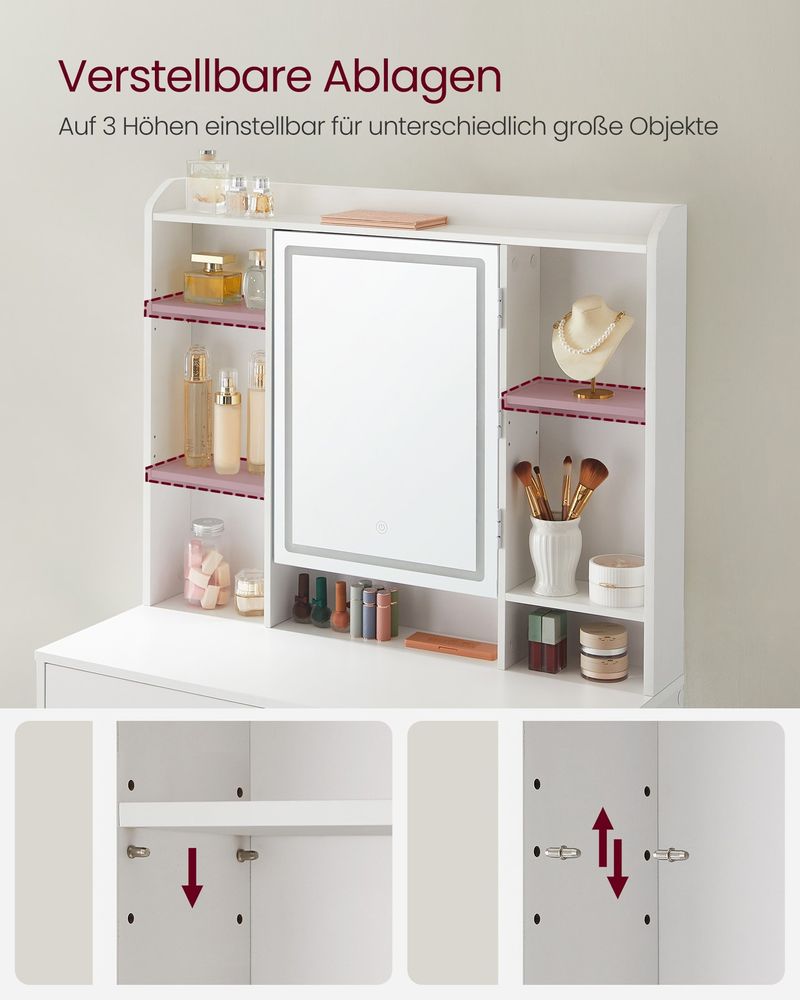 SEGENN Ravenna Moderne Kaptafel met Verlichte Spiegel (LED)-Makeup tafel met LED-verlichting-Luxe Makeup Tafel met Dimbare LED-lampen-Witte Kaptafel met LED-verlichte Spiegel en Opbergruimte