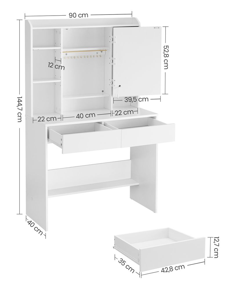 SEGENN Ravenna Moderne Kaptafel met Verlichte Spiegel (LED)-Makeup tafel met LED-verlichting-Luxe Makeup Tafel met Dimbare LED-lampen-Witte Kaptafel met LED-verlichte Spiegel en Opbergruimte