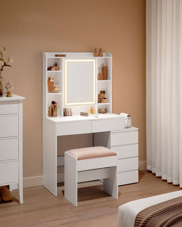 SEGENN Novara Moderne Kaptafel met LED Verlichting – Cloud White-Luxe Kaptafel in Cloud White met LED Verlichte Spiegel – Modern & Stijlvol
