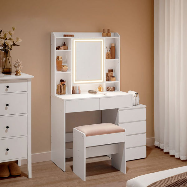 SEGENN Monza Kaptafel met LED Spiegel – Moderne Makeup Tafel in Cloud White voor Slaapkamer-Stijlvolle Makeup Tafel met LED Verlichting