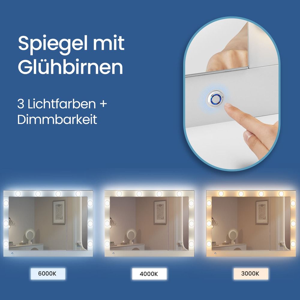 ML-Design Kaptafel Wit Kaptafel met LED verlichting, spiegel 3-delig inklapbaar, lade 3 vakken ML-Design Kaptafel Wit Kaptafel met LED verlichting, spiegel 3-delig inklapbaar, lade 3 vakken