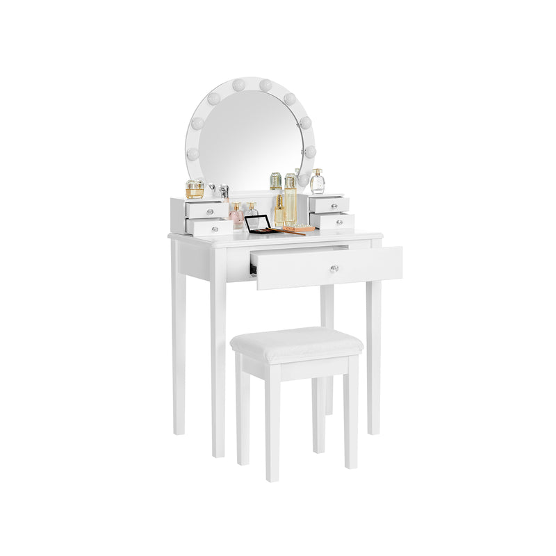 Segenn's French kaptafel - Make up tafel met kruk - met spiegel - 10 dimbare gloeilampen - gewatteerde kruk - 5 laden - 70 x 40 x 134 cm - cadeau-idee - wit