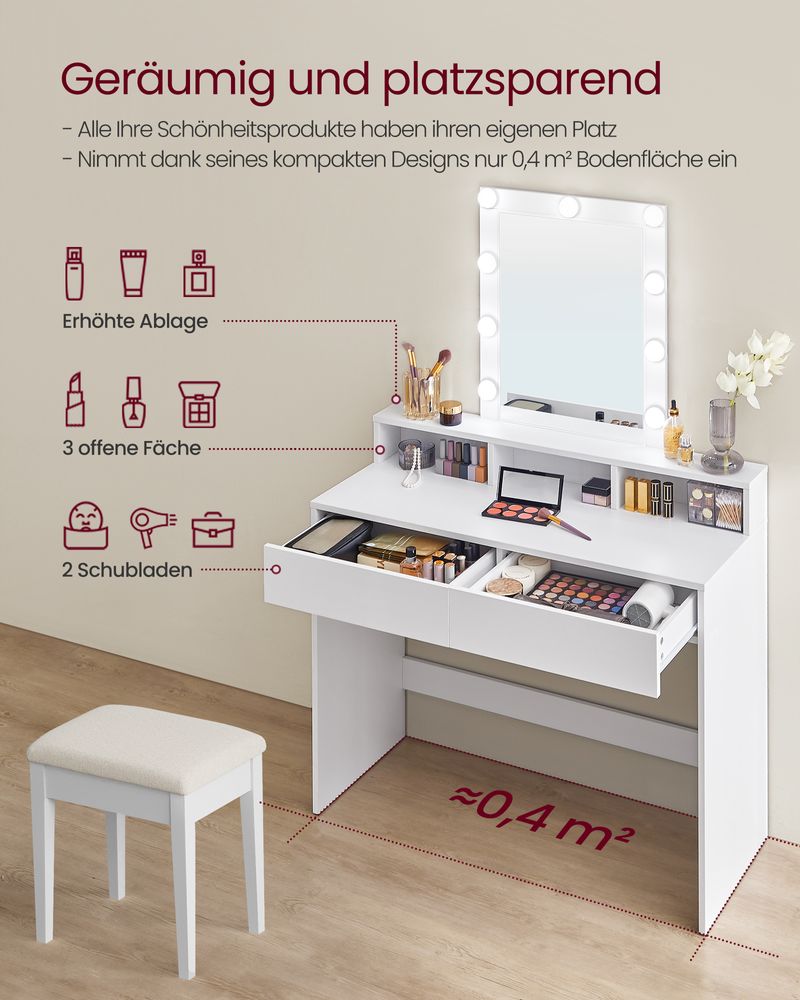 SEGENN Siena Witte Kaptafel met LED Spiegel – Moderne Makeup Tafel voor Slaapkamer of Dressing-Stijlvolle Witte Make-up Tafel met LED Verlichting – Perfect voor Jouw Beautyhoekje