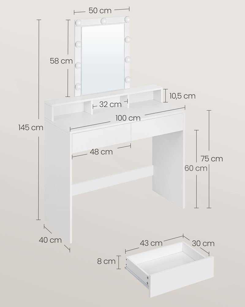 SEGENN Siena Witte Kaptafel met LED Spiegel – Moderne Makeup Tafel voor Slaapkamer of Dressing-Stijlvolle Witte Make-up Tafel met LED Verlichting – Perfect voor Jouw Beautyhoekje