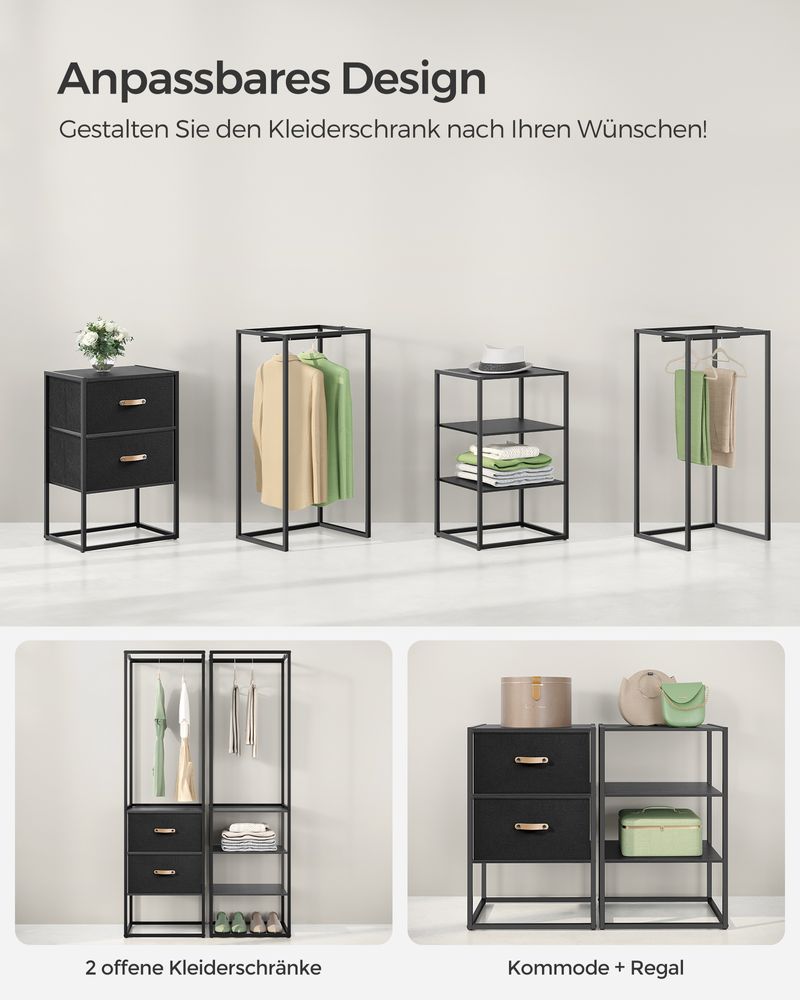 SEGENN Verona Modern Kledingrek met Opberglades – Diepzwart-Stijlvol Kledingrek met Lades – Ebbenhout Afwerking-Opbergruimte – Zwart Ebbenhout Look