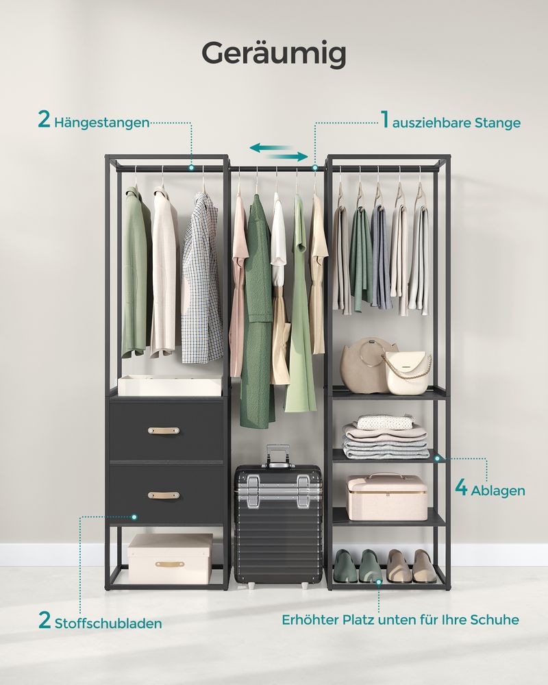 SEGENN Verona Modern Kledingrek met Opberglades – Diepzwart-Stijlvol Kledingrek met Lades – Ebbenhout Afwerking-Opbergruimte – Zwart Ebbenhout Look