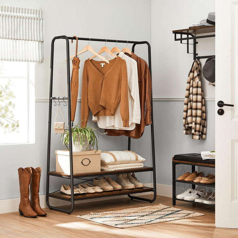 SEGENN Turin Kledingrek Industrieel Design – Zwart Staal & Vintage Hout-Vrijstaand Kledingrek Industriee-Vintage Kledingrek voor Slaapkamer of Hal
