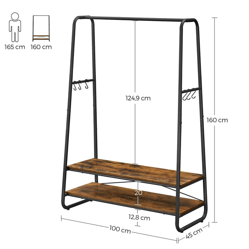 SEGENN Turin Kledingrek Industrieel Design – Zwart Staal & Vintage Hout-Vrijstaand Kledingrek Industriee-Vintage Kledingrek voor Slaapkamer of Hal