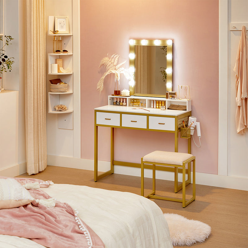 VASAGLE kaptafel, kaptafel met kruk, 10 led-gloeilampen, instelbare helderheid, spiegel, voor VASAGLE kaptafel, kaptafel met kruk, 10 led-gloeilampen, instelbare helderheid, spiegel, voor