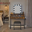 Segenn's Doup kaptafel - Make up tafel met kruk - met verlichting - make-uptafel - 10 led-lampen - spiegel - instelbare helderheid - vintage bruin-zwart