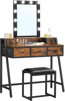 Segenn's Gaga kaptafel - Make up tafel met kruk - 10 led-lampen - Spiegel - instelbare helderheid - Bruin - Vintage