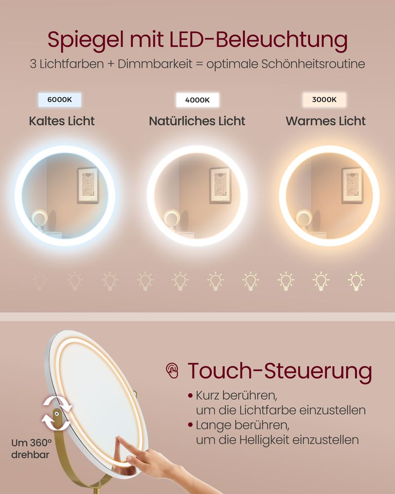 SEGENN Venice Moderne Kaptafel met Spiegel, LED Verlichting en Kruk – 40x100x134,8 cm | Make-up Tafel voor Slaapkamer