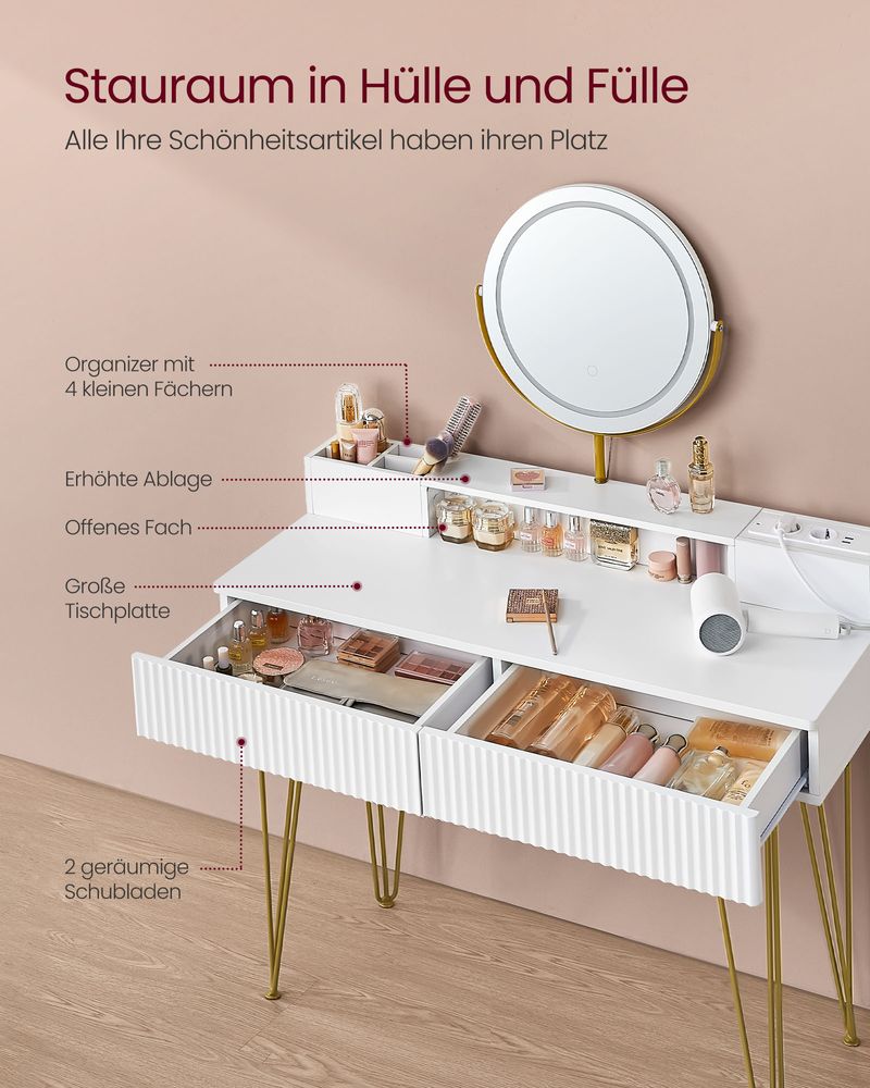 SEGENN Venice Moderne Kaptafel met Spiegel, LED Verlichting en Kruk – 40x100x134,8 cm | Make-up Tafel voor Slaapkamer