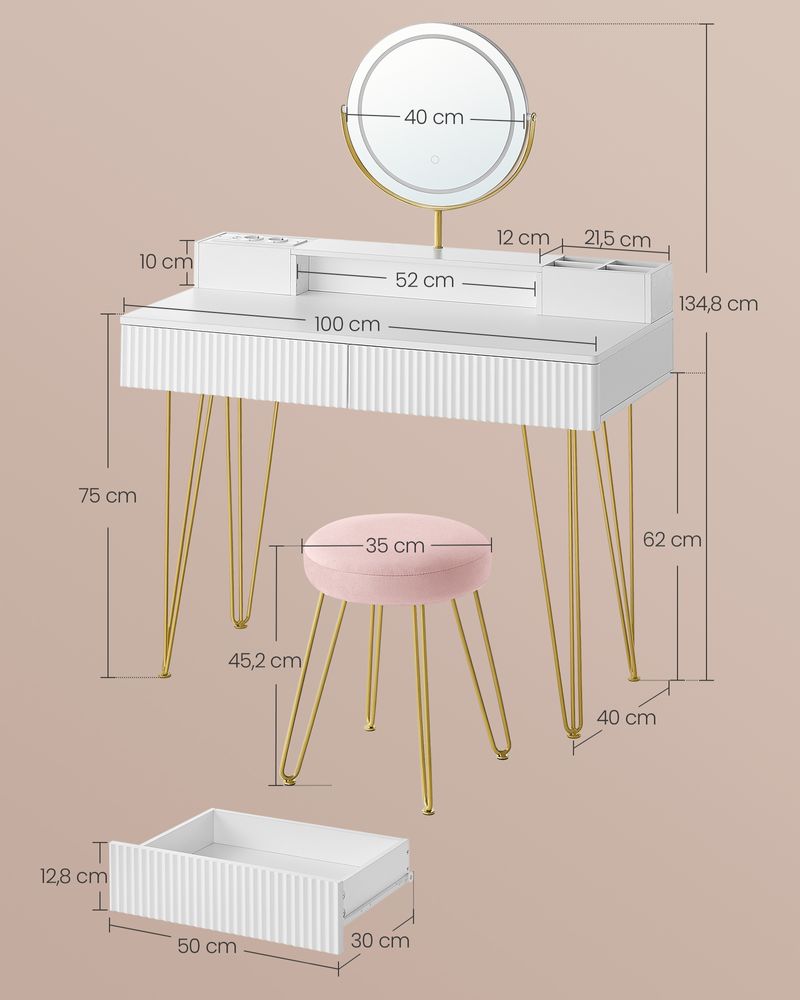 SEGENN Venice Moderne Kaptafel met Spiegel, LED Verlichting en Kruk – 40x100x134,8 cm | Make-up Tafel voor Slaapkamer