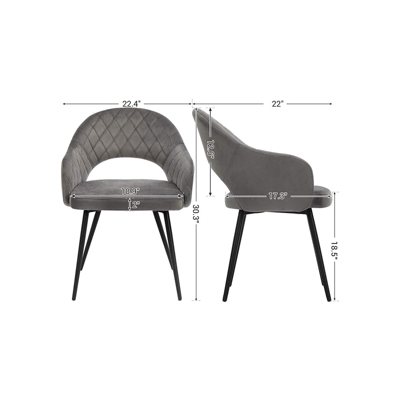 Segenn's Eetkamerstoel set van 2 - Moderne keukenstoel - Gewatteerde fluwelen stoel - Met armleuningen, metalen poten - grijs