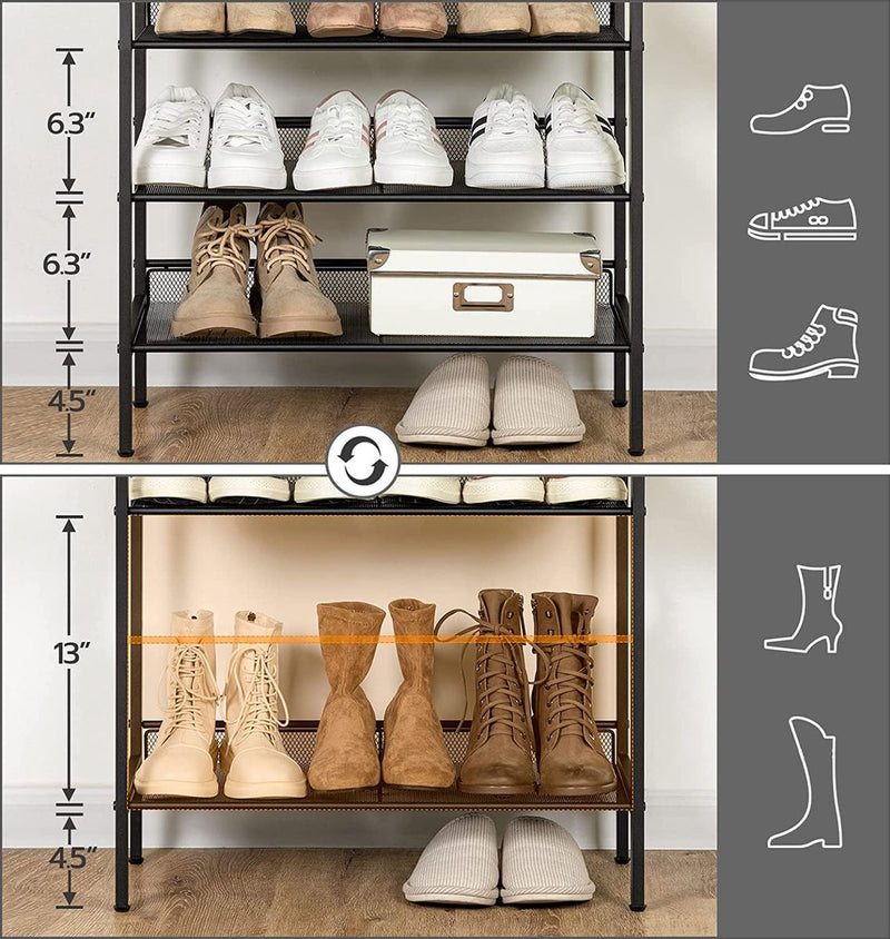 Segenn Schoenenrek - hoog schoenenkast - groot - smal schoenenrek - met platte en kantelbare gaasplanken - metaal - voor 16-24 paar schoenen - bruin/zwart - 60 x 30 x 137 cm