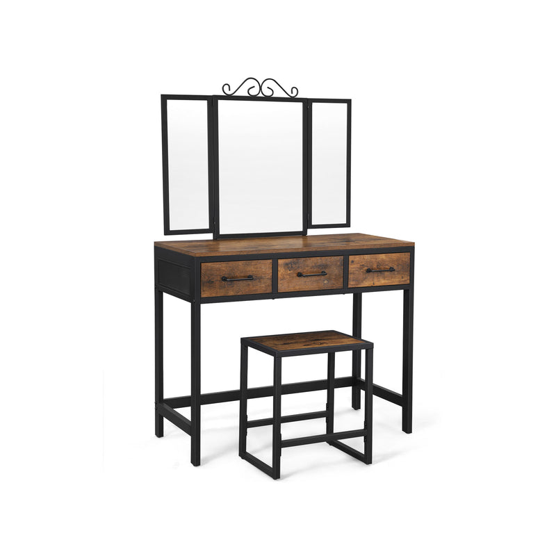 Segenn's Kaptafel - makeup tafel met 3-delige klapspiegel en 3 lades - stalen frame - met kruk - industrieel ontwerp - vintage bruin-zwart