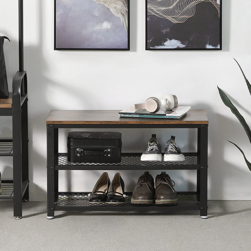 Segenn's Lifa schoenenbank - schoenenrek - met 3 niveaus - schoenenkast - metaal -industrieel design, vintage bruin-zwart