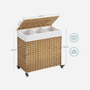 Segenn's Kandra Handgeweven wasmand - 140 L - polyrattan - met 3 vakken Afneembare - waszak Dekselgrepen - Naturel -  66 x 33 x 60 cm