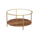 Segenn's  Salontafel - 90 cm - Ronde Glazen Tafel-Goud-Bruin hout - Gouden Ijzeren Frame