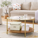 Segenn's  Salontafel - 90 cm - Ronde Glazen Tafel-Goud-Bruin hout - Gouden Ijzeren Frame