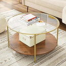 Segenn's  Salontafel - 90 cm - Ronde Glazen Tafel-Goud-Bruin hout - Gouden Ijzeren Frame