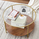 Segenn's  Salontafel - 90 cm - Ronde Glazen Tafel-Goud-Bruin hout - Gouden Ijzeren Frame