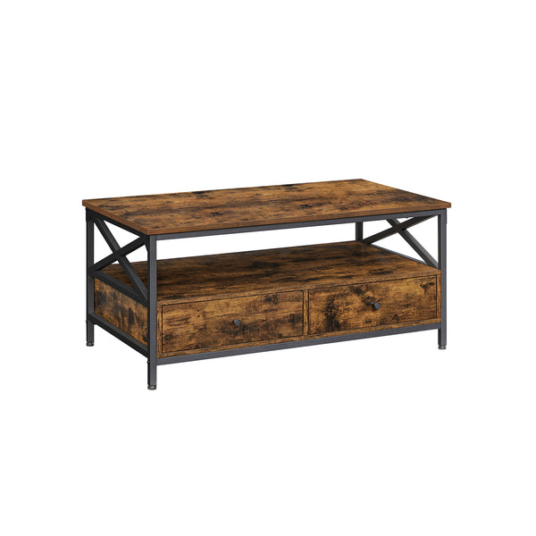 Segenn's salontafel - met lades - X-vormige stutten - open vak - industrieel - bruin-zwart 100 x 55 x 45 cm