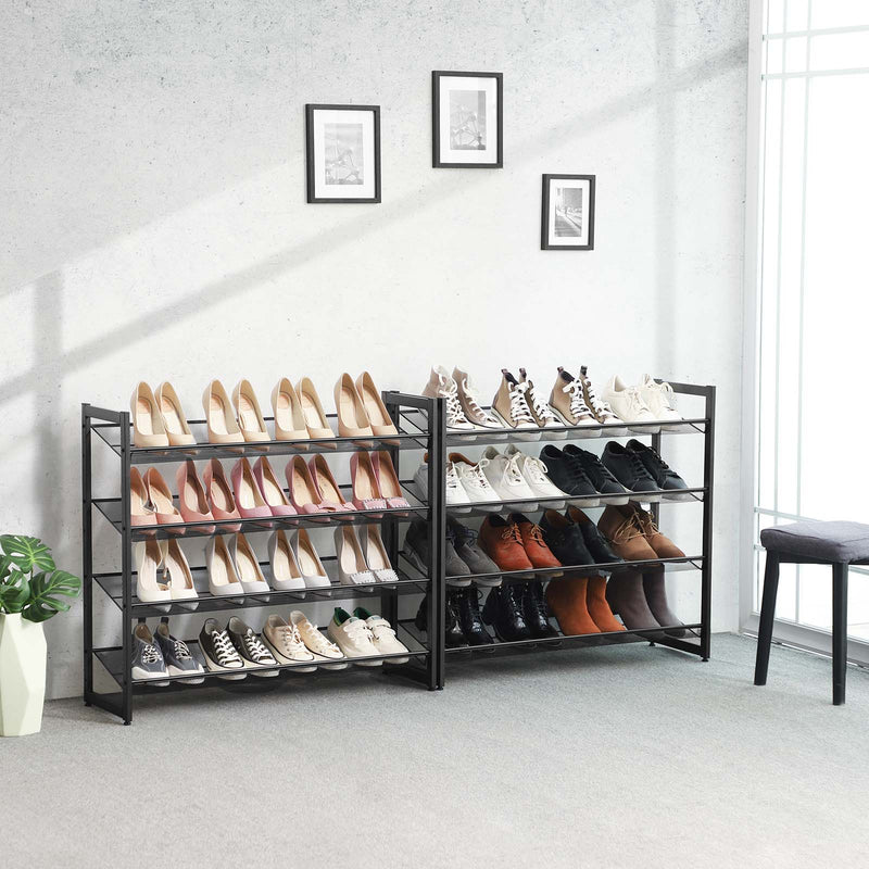 Segenn's Heavy duty 8-laags schoenenrek - set van 2 stapelbare 4-laags schoenenopbergers - metalen schoenenopberger met verstelbare gaasplanken - plat of onder een hoek te monteren - zwart
